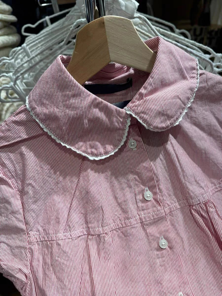 Red Striped Slim T-Shirt Blouse Woman Summer Lace Trim Peter pan Collar Single Breasted Short Sleeve Tee Sweet Cotton Shirt Y2k
