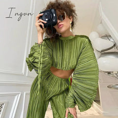 Ingvn - Green Tops Woman Casual Loose Short Ins Festival Tee Shirt Bat Sleeve Irregular Pullover Ins Women's Pleated Fold