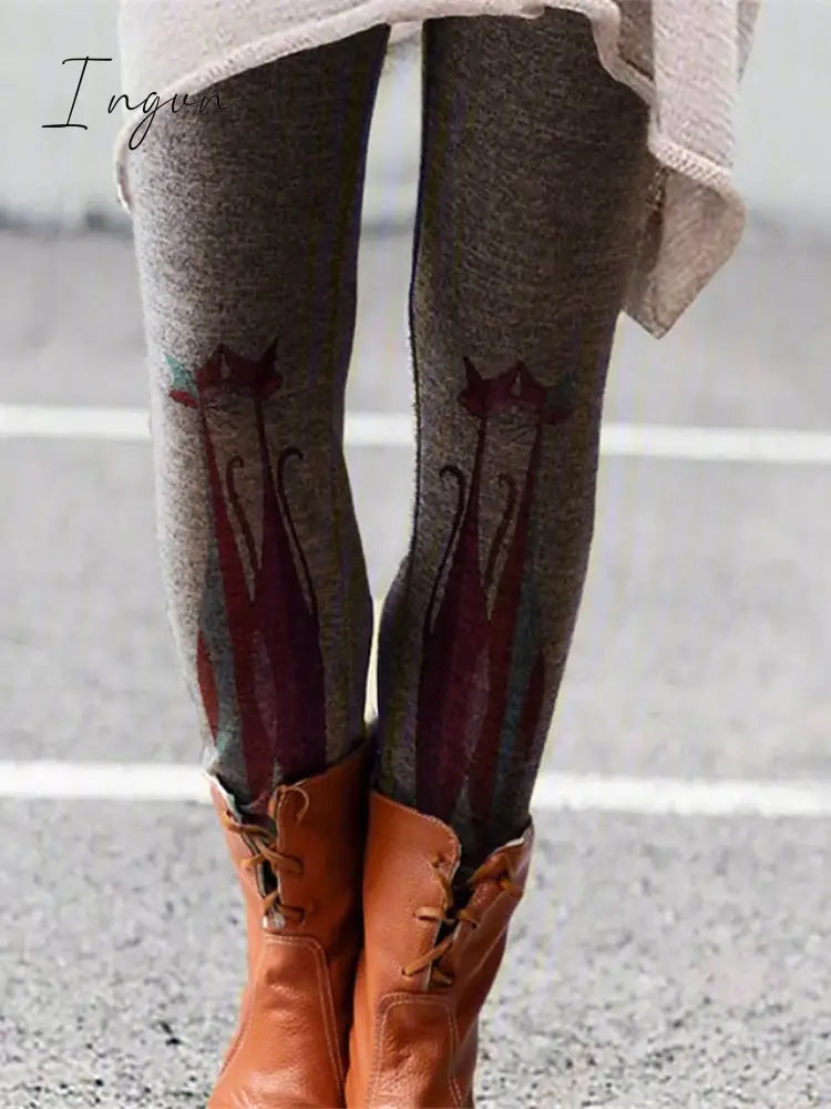 Ingvn - Women's Tights Leggings Black White Burgundy Fashion Halloween Leisure Sports Weekend Print Stretchy Full Length Tummy Control Cat S M L XL XXL