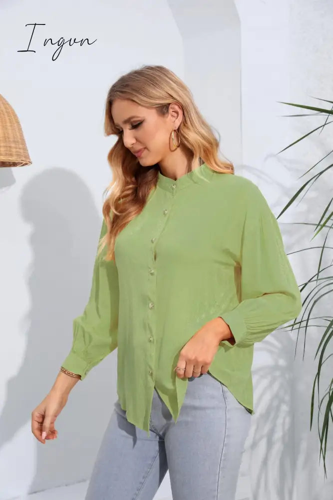 Ingvn - Mock Neck Buttoned Long Sleeve Shirt