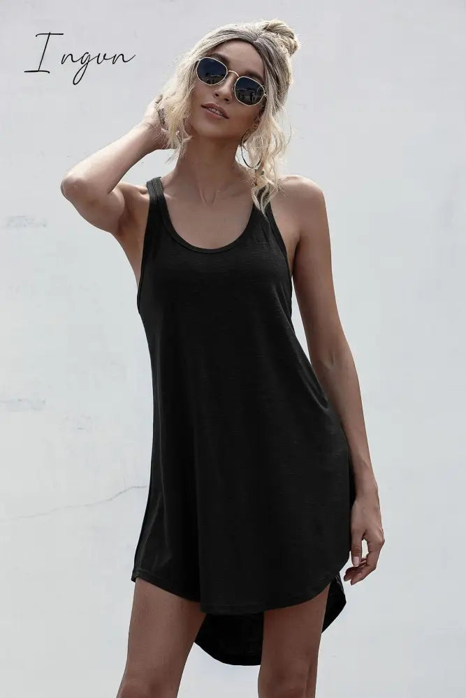 Ingvn - Solid Casual O-neck Sleeveless Tank Dress Women Loose Off Shoulder Asymmetrical Cotton Mini Dress