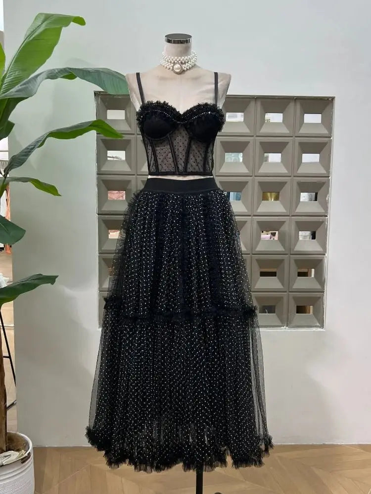 Summer Polka Dot Tight Top Mesh Women's Elegant Underwear Y2K Fashion Sexy Set Party Evening Dresses Two Piece Set Long Skirt