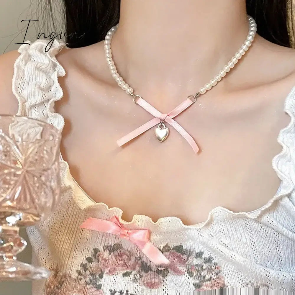 Bowknot Love Cross Imitation Pearl Pendant Necklace for Women French Romantic Sweet Clavicle Chain Harajuku Fashion Y2K Jewelry