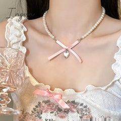 Bowknot Love Cross Imitation Pearl Pendant Necklace for Women French Romantic Sweet Clavicle Chain Harajuku Fashion Y2K Jewelry