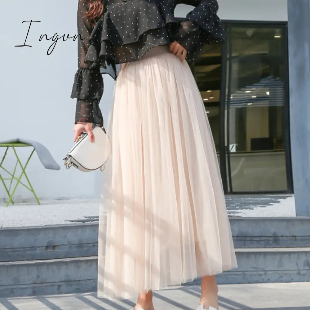 Ingvn - Autumn Winter Vintage Tulle Skirt Women Elastic High Waist Mesh Skirts Long Pleated Tutu Skirt Female Jupe Longue