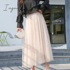 Ingvn - Autumn Winter Vintage Tulle Skirt Women Elastic High Waist Mesh Skirts Long Pleated Tutu Skirt Female Jupe Longue