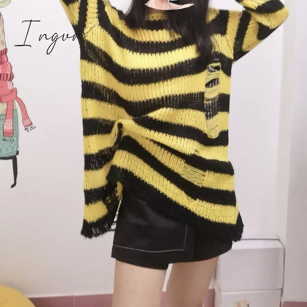 Ingvn - Halloween 200 Gothic Knitted Sweater Women Long Pullovers Striped Loose Winter Ripped Plus Size Sweaters Jumpers Mujer Jersey