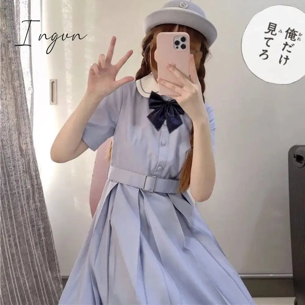 Ingvn - Harajuku Sailor Collar Navy Dress Japanese Lolita Sweet Bow-knot Girl Retro Cotton Kawaii Preppy Style Short Sleeve Dress Women
