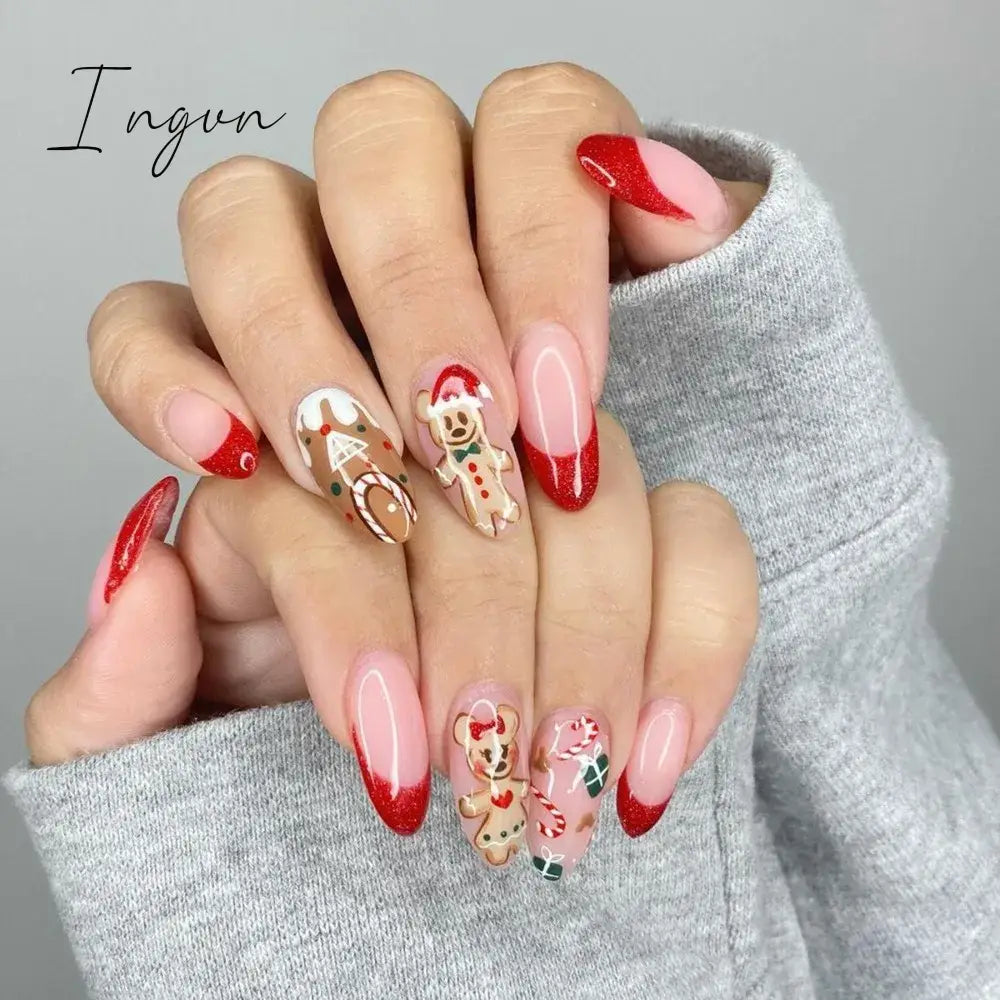 24Pcs Detachable Acrylic False Nails Press On Nail Cute Cherry French Almond Wearable Artificial Fake Nails Full Cover Nail Tips