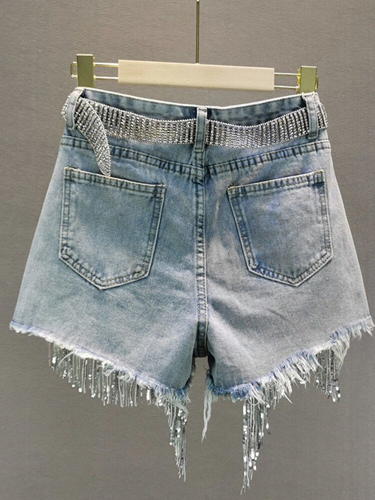 S-5XL Waist Beads Tassel Women'S Denim Shorts Summer Beading Wide Leg Thin Oversized Jeans Korean Streetwear Women Clothes