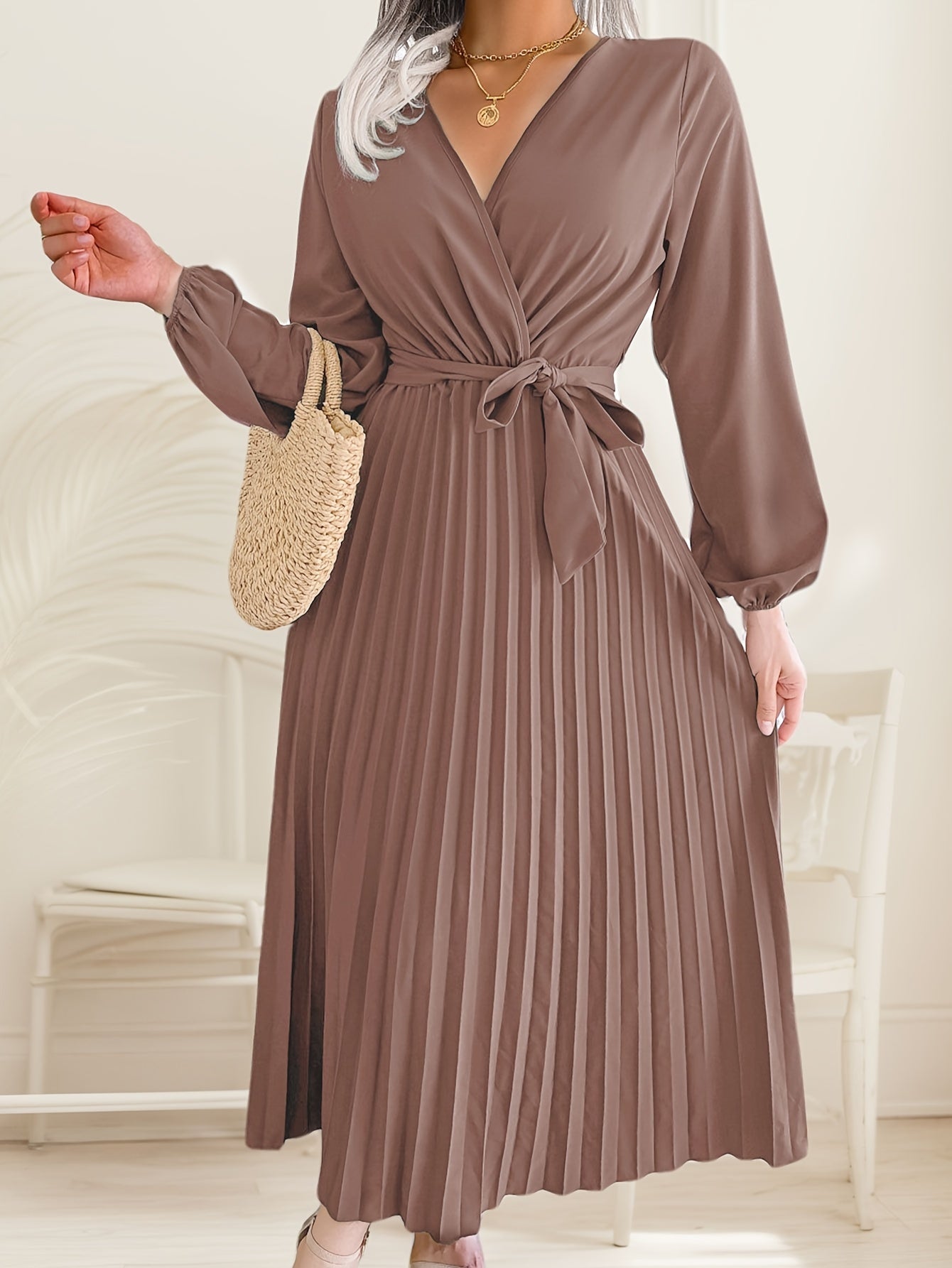 Womens Wrap Tie Dress Casual Fall V Neck Pleated Long Sleeve Solid Flowy Dress For Party Wedding Guest