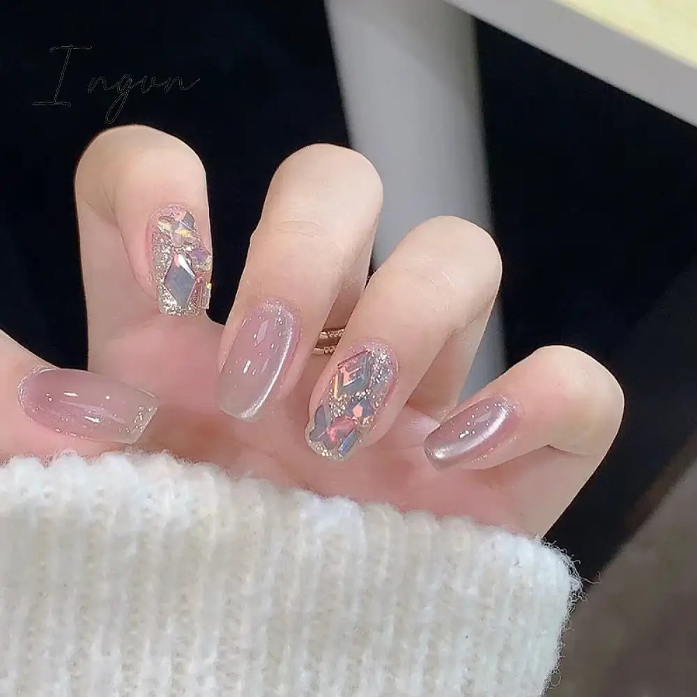 24pcs detachable cat eyes red wine false nails with glue full cover ballet square almond shiny acrylic press on fake nails tips