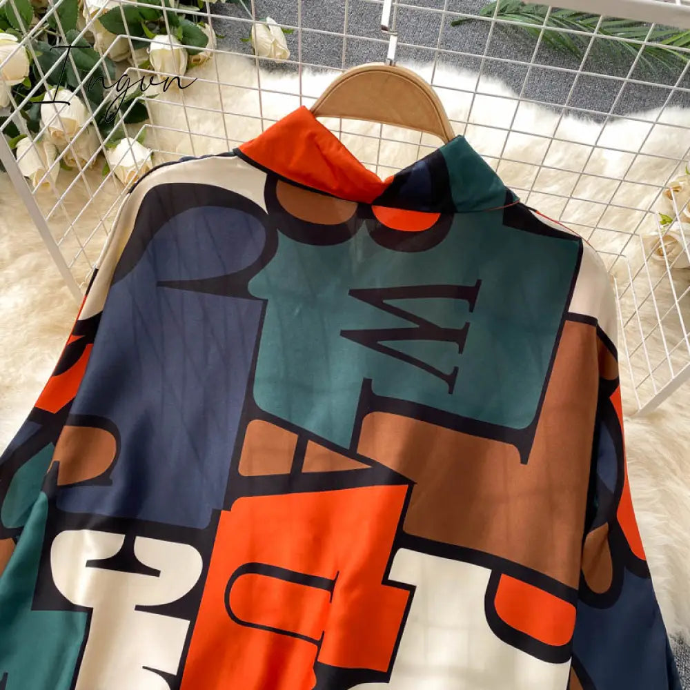 Ingvn - Women's Dress Spring Retro Print Casual Set Design Batwing Sleeve Single Breasted Blouse+High Waist Long Pants Two Piece Suits