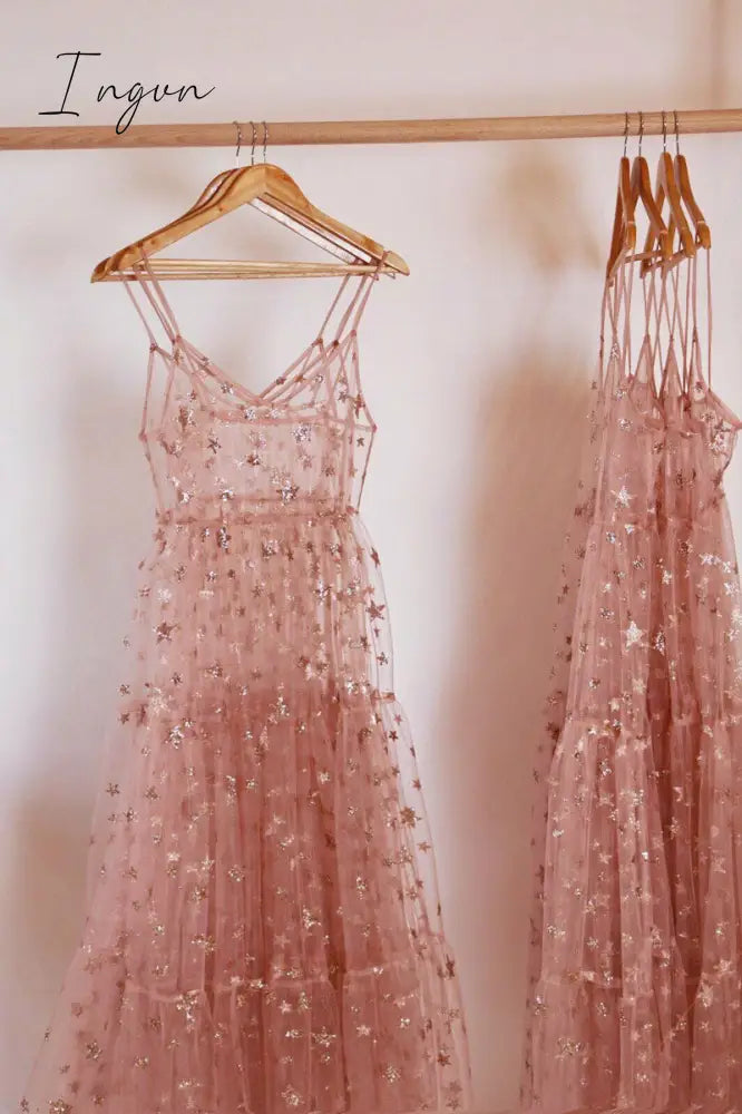 Ingvn - Elegant Spaghetti Straps Tulle Long Women Dress Fashion Bling Bling See Through Dress Sexy Fashion Hot Selling Beachwear