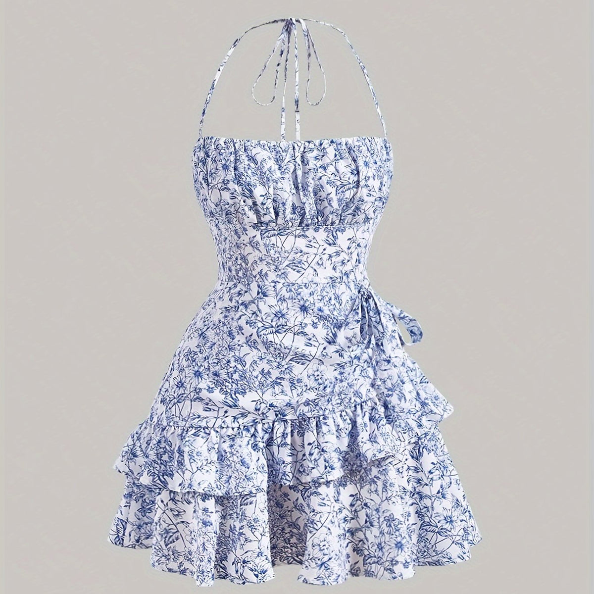 Vibrant Floral Halter Dress - Multi-layer Ruffle Hem, Chic Sleeveless Design - Perfect for Spring & Summer, Trendy Womens Clothing