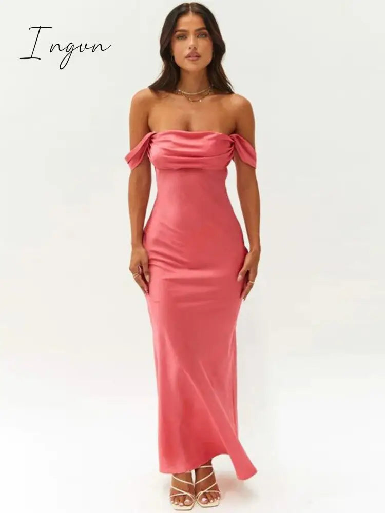 Ingvn - Pleated Backless Evening Dress Women Fashion Sleeveless Backless Bodycon Dresses Off-shoulder Sexy Club Maxi Dress