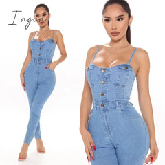 Ingvn - Sexy skinny open back suspender Jumpsuit jeans women's high waisted small leg pants show thin, versatile jeans pants