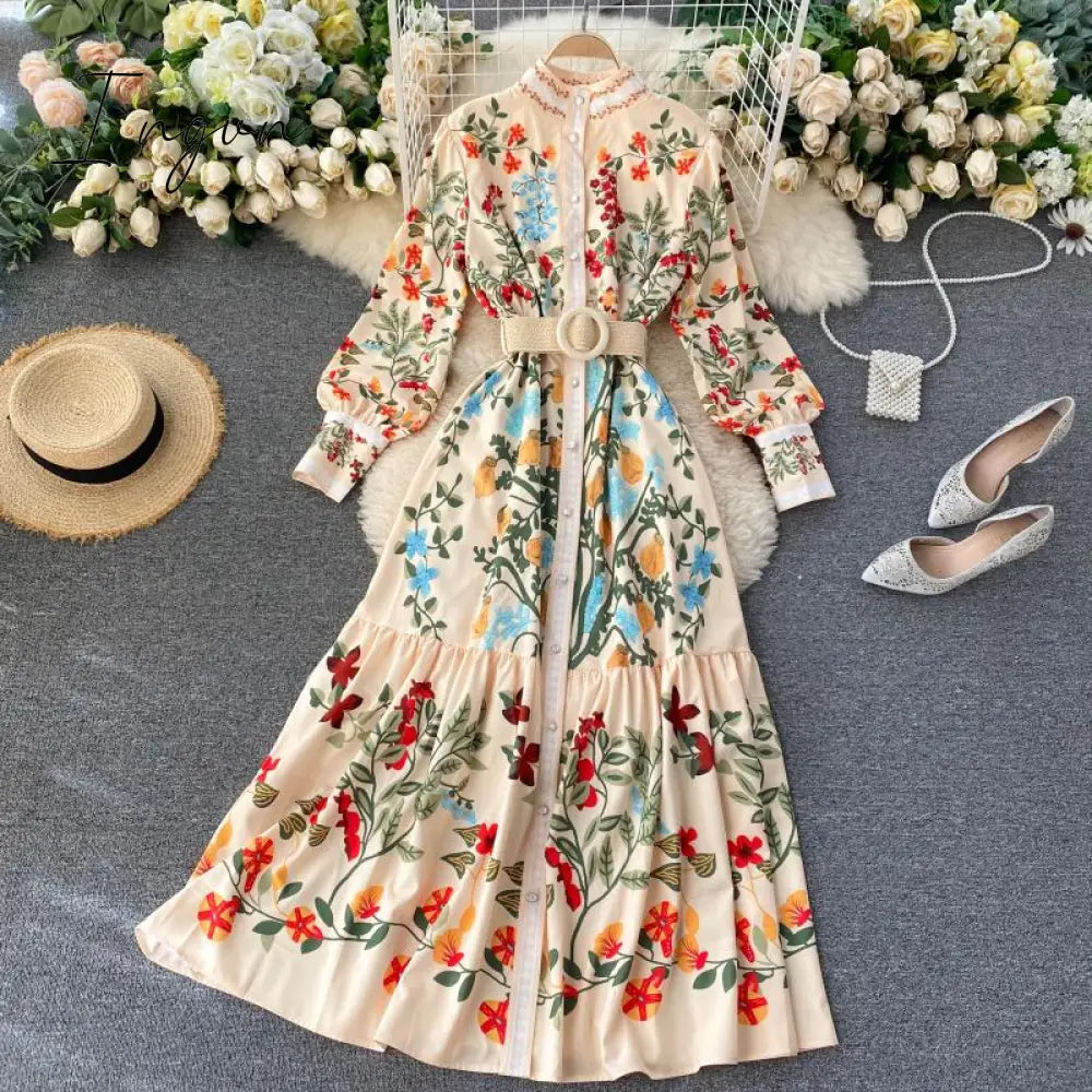 Ingvn - Women Vintage Print Dress Autumn Stand Collar Button Puff Sleeve Long Robe Fashion Chic Flower Streetwear Maxi Dresses