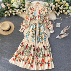 Ingvn - Women Vintage Print Dress Autumn Stand Collar Button Puff Sleeve Long Robe Fashion Chic Flower Streetwear Maxi Dresses