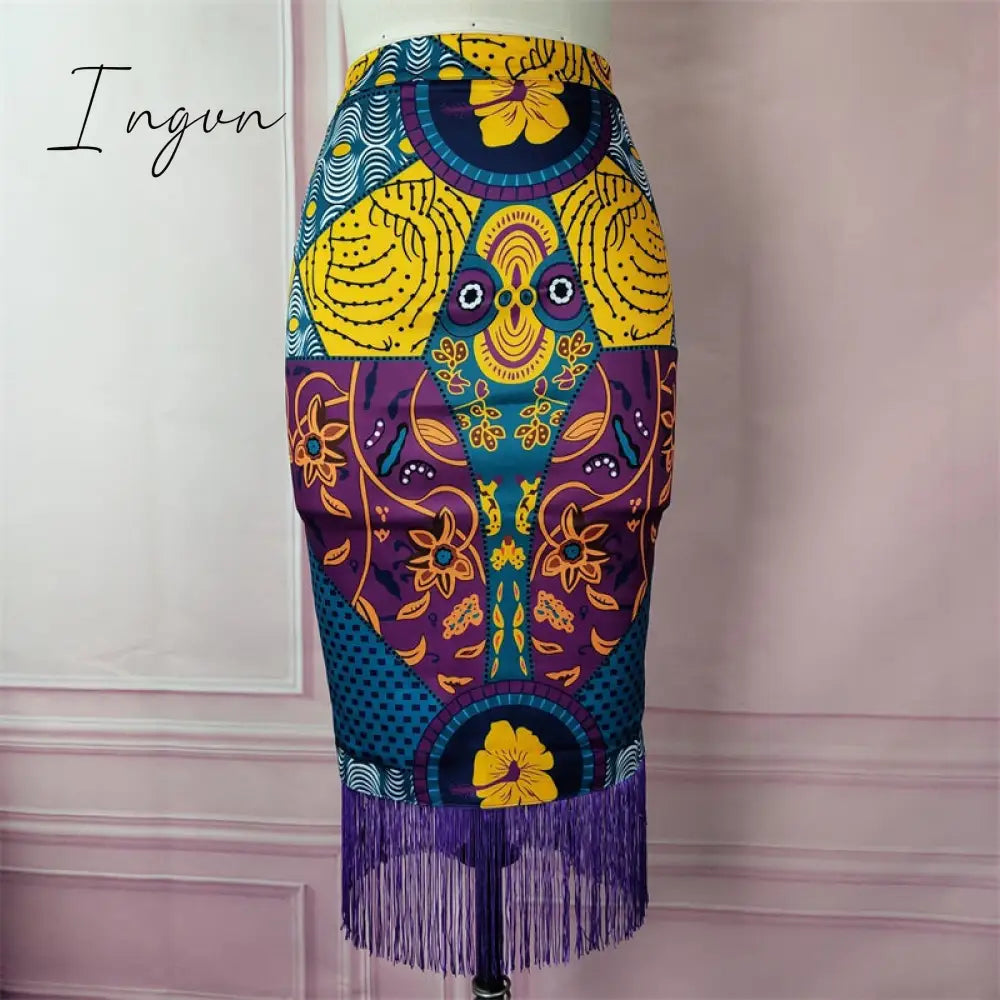 Ingvn - Outfits Fashion Trends Women Summer Print Skirt Vintage Floral African Fashion High Waist Tassel Classy Modest Elegant Retro Jupes Falads