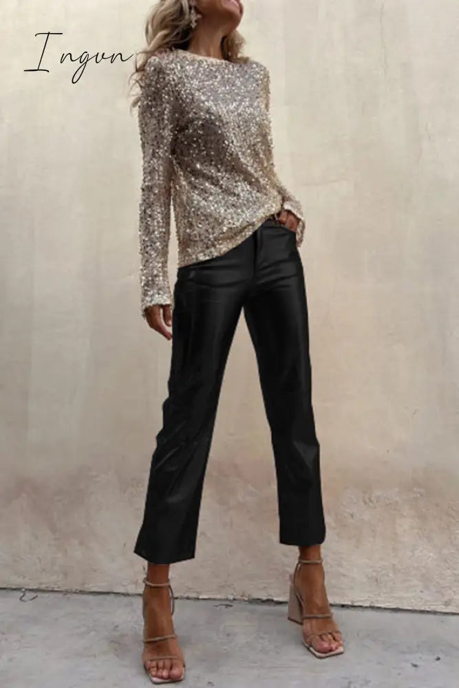 Ingvn - Sinclair Metallic Faux Leather High Rise Pocketed Straight Pants
