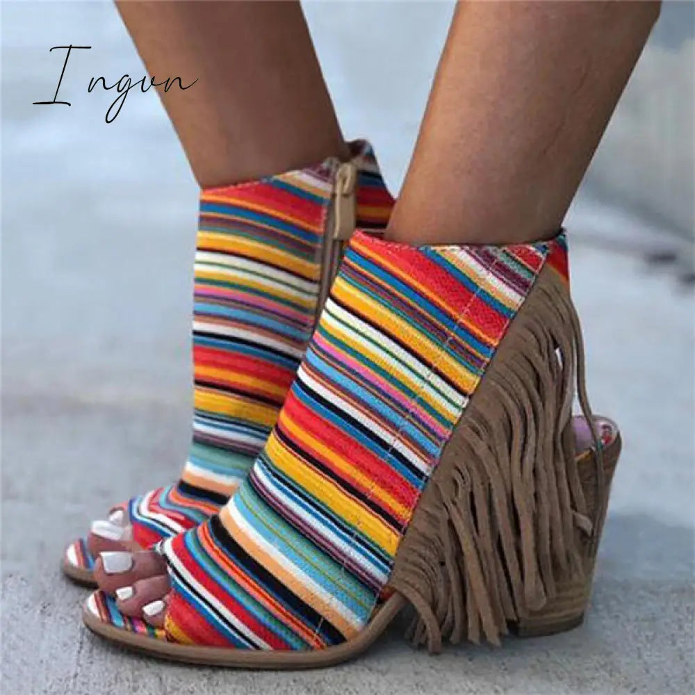 Ingvn - Peep Toe Chunky Heel Zipper Stripe Sandals