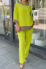 Ingvn - Street Simplicity Color Block Pocket Contrast O Neck Nine Points Sleeve Two Pieces