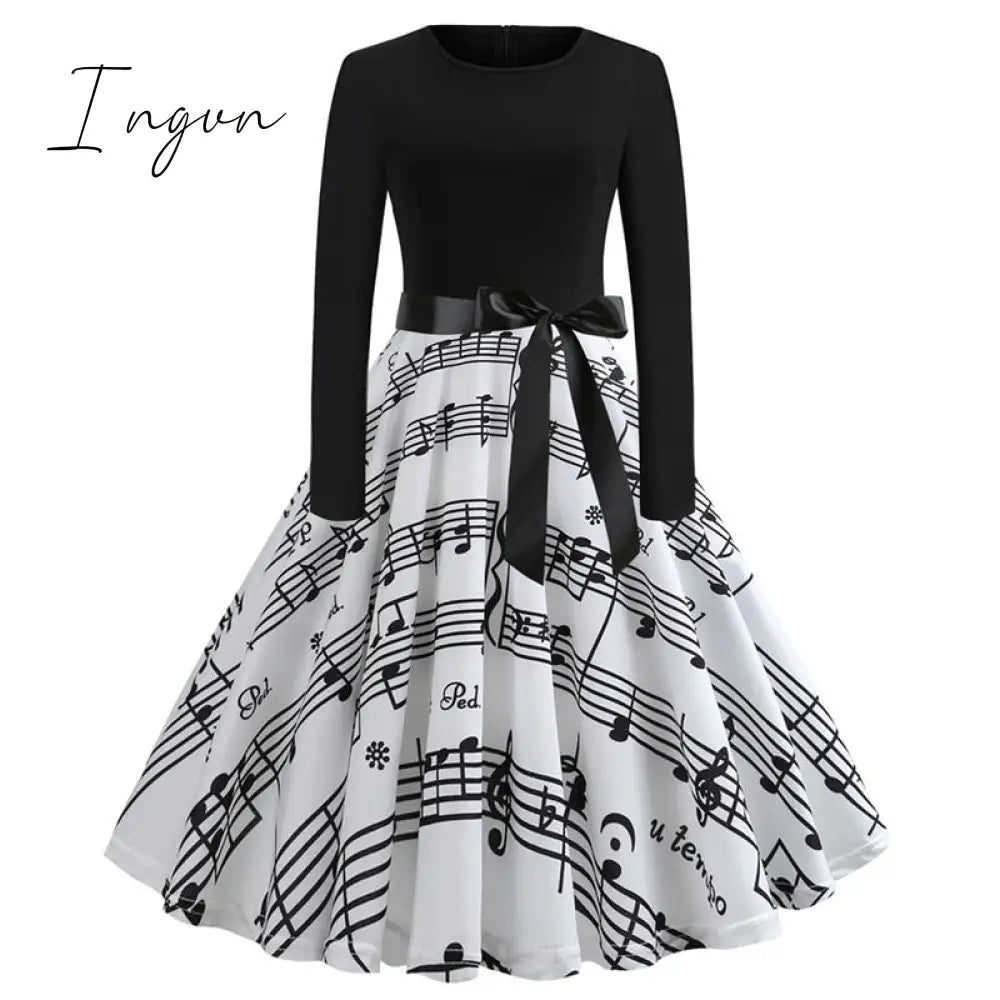 Ingvn - Winter Christmas Dresses Women 50S 60S Vintage Robe Swing Pinup Elegant Party Dress Long Sleeve Casual Plus Size Print Black