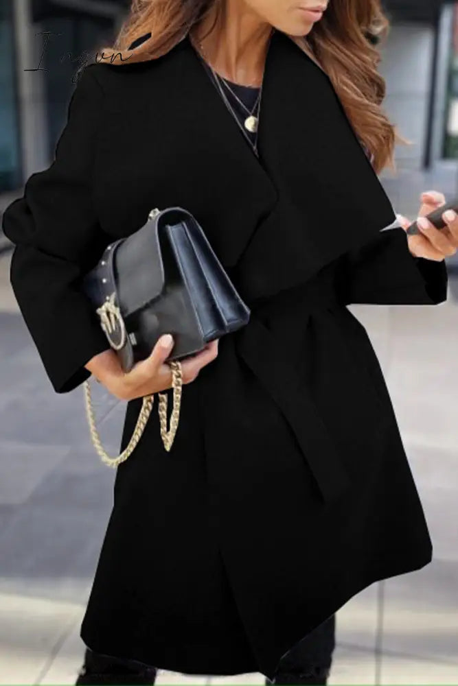 Ingvn - British Style Elegant Solid Bandage Turndown Collar Outerwear