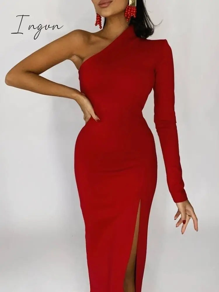 Ingvn - Elegant Dresses for Women Summer One Shoulder Maxi Dress Bodycon Sexy Black Long Fomal Wedding Evening Party Dress Fashion