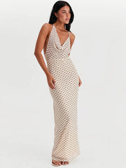 Spaghetti Strap Polka Dot Dress For Women Gown Fashion Irregular V Neck Sleeveless Backless Bodycon Club Long Dress