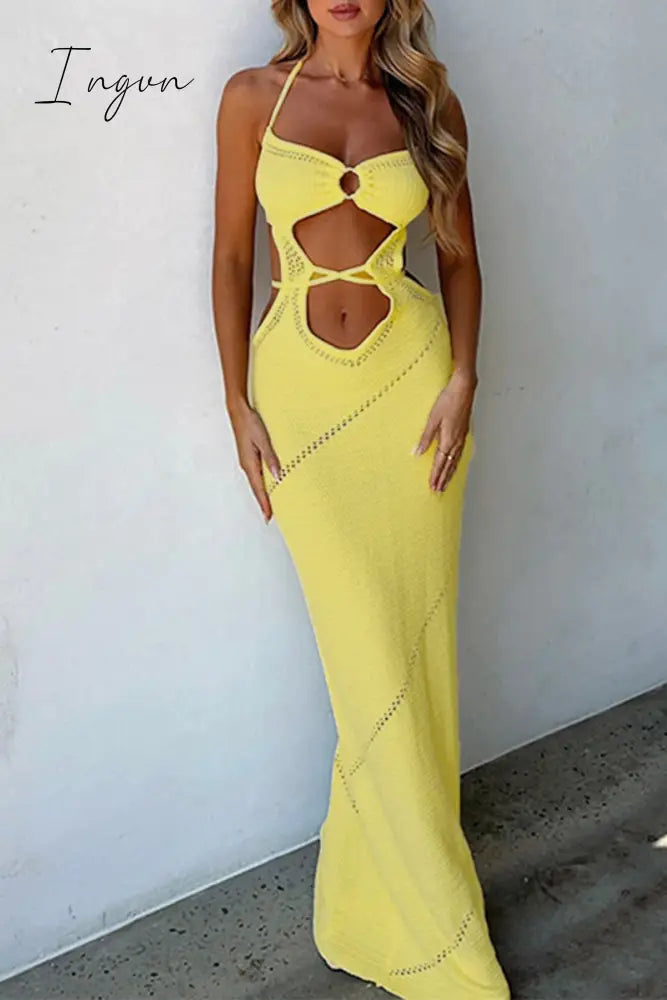 Ingvn - Sexy Vacation Solid Hollowed Out Backless Swimwears Cover Up
