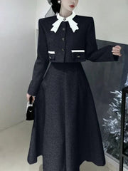 Autumn Vintage Elegant 2 Piece Dress Set Women Korean Fashion Casual Party Suits Female Chic Long Sleeve Tops +Solid Skirt