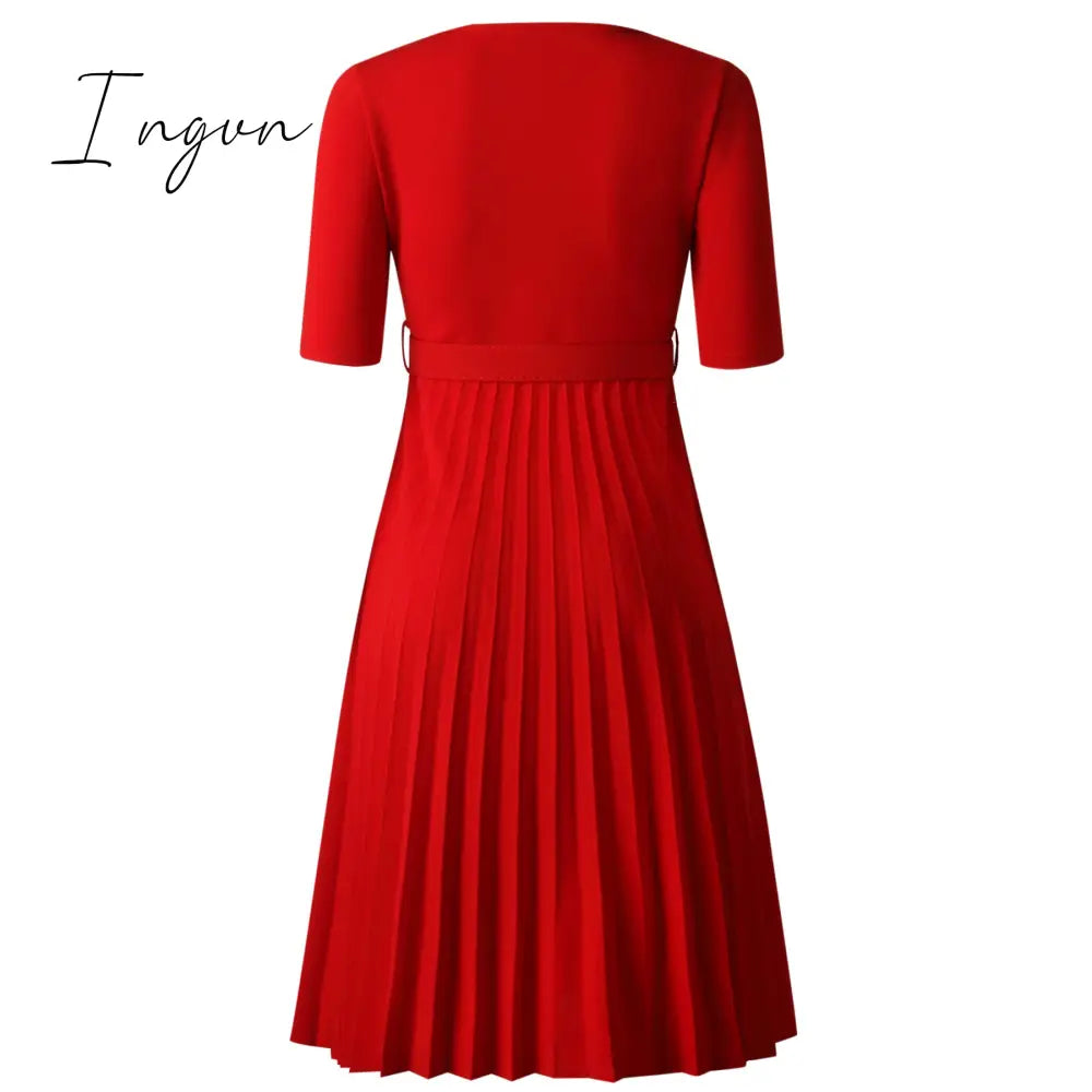Ingvn - African Style Women Casual Belted Pleated Dress Elegant Chic Office Lady A-Line High Waist Dress Autumn Winter Fashion
