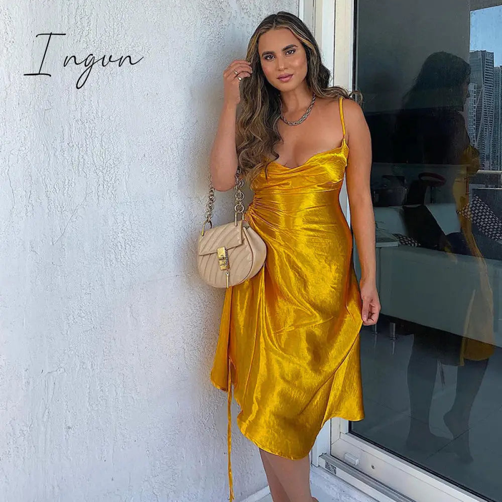 Ingvn - Satin Side Split Ruched Women's Dress Sleeveless Square Collar Party Dresses Solid Elegant Clubwear Evening Vestidos
