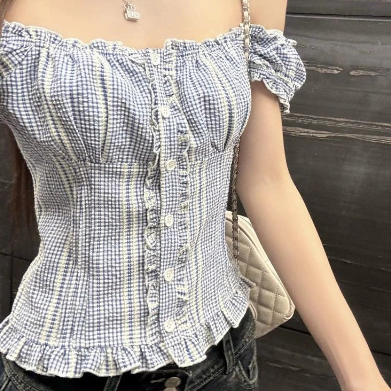 Sweet Blue Plaid Puff Sleeve Women Cropped Shirts Square Collar Korean Fashion Ruffle Blouses Slim Aesthetic Summer