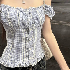 Sweet Blue Plaid Puff Sleeve Women Cropped Shirts Square Collar Korean Fashion Ruffle Blouses Slim Aesthetic Summer