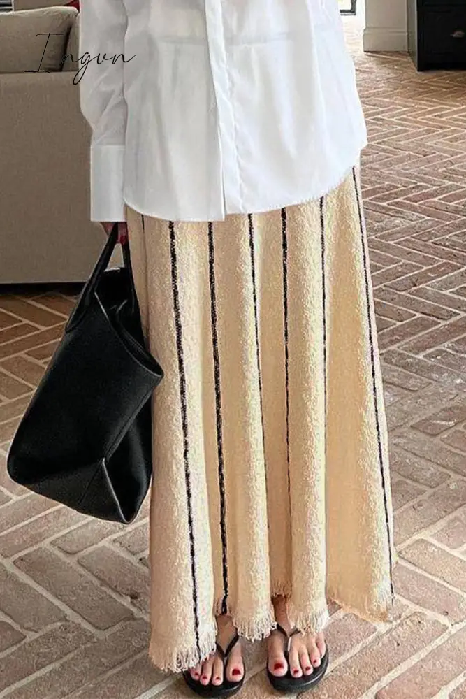 Ingvn - British Style Elegant Striped Tassel Patchwork High Waist Type A Patchwork Bottoms