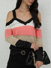 Chic Striped Long Sleeve Cold Shoulder Sweater - Soft, Cozy, Relaxed Fit Pullover for Women - Casual, Versatile, and Comfortable Winter Clothing