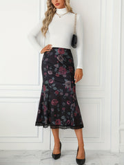 Floral Print Lace Trim Skirt, Elegant High Waist Bodycon Ruffle Midi Skirt, Women's Clothing