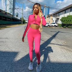 Ingvn - Winter Women 2 Two Piece Set Long Sleeve Crop Tops Tshirt Leggings Pants Set Bodycon Sport Fitness Tracksuit