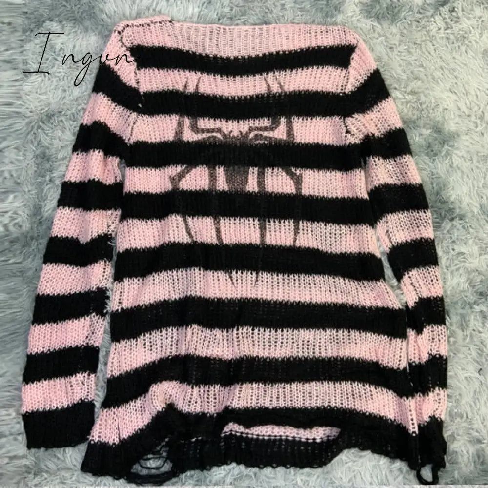 Ingvn - Plus Size Punk Gothic Long Unisex Sweater Dress Cool Hollow Out Hole Broken Jumper Loose Rock Thin Sweter Women Man Striped