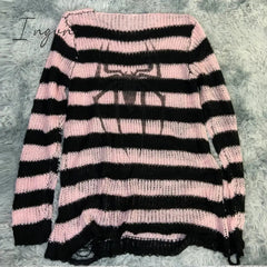 Ingvn - Plus Size Punk Gothic Long Unisex Sweater Dress Cool Hollow Out Hole Broken Jumper Loose Rock Thin Sweter Women Man Striped