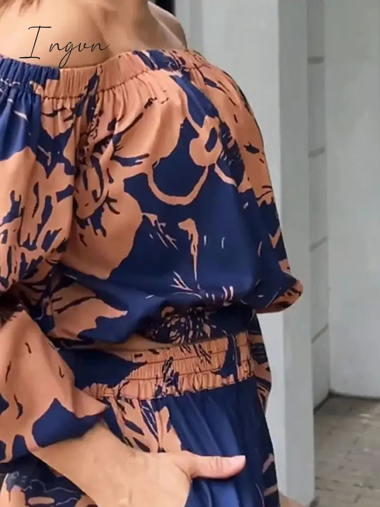 Ingvn - Women's Shirt Pants Sets Blue Floral Print Long Sleeve Casual Daily Fashion Off Shoulder Regular Fit Spring &  Fall