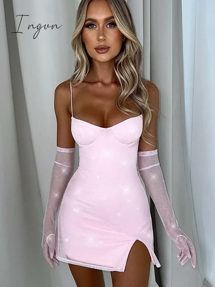 Ingvn - Sparkle Sexy Maxi Dress Women New Spaghetti Strap With Sleeve Backless Sleeveless Glitter Club Party Sexy Long Dress