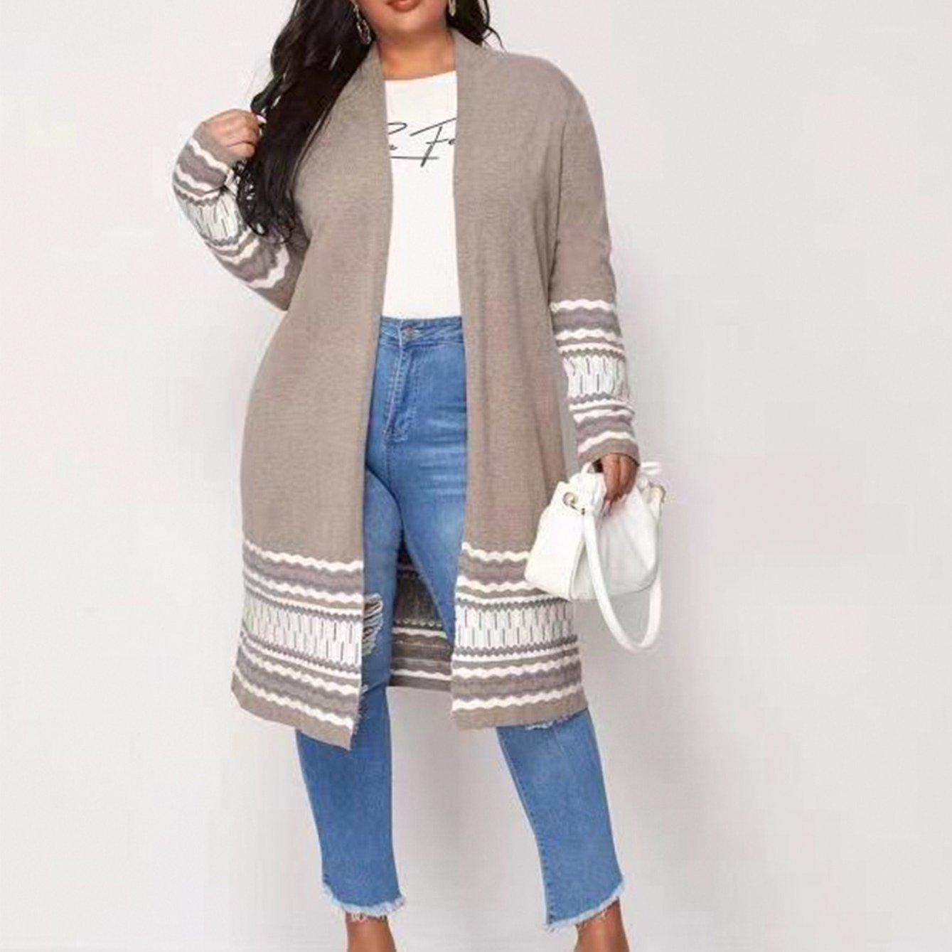 Women's Plus Size Long Casual Colorblock Knit High Stretch Sweater Cardigan