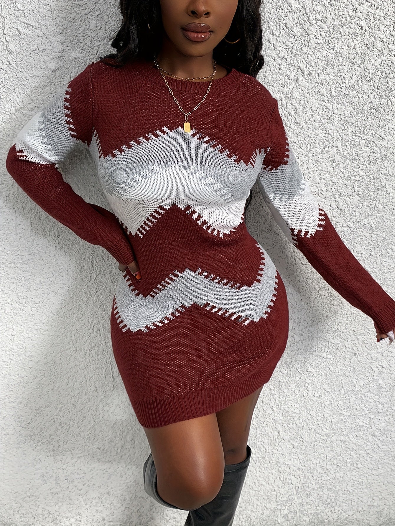 Striped Color Block Chic Crew Neck Knitted Dress - Women's Dresses - Long Sleeve, Sexy, Spring & Fall Essential, Soft, Comfortable, Versatile, and Flattering Clothing for Women