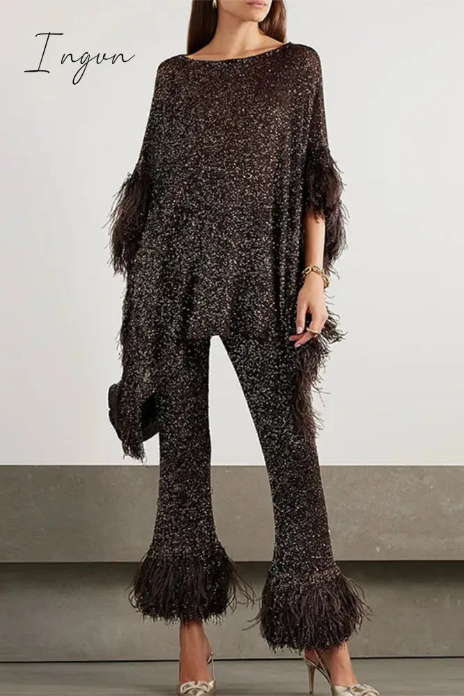 Ingvn - Casual Celebrities Solid Sequins Sequined O Neck Long Sleeve Two Pieces