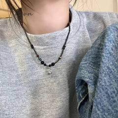 Vintage Chinese Style Lion Pendant Beaded Necklace for Women Men Lucky Punk Clothing Unusual Stone Bead Choker On The Neck Beads