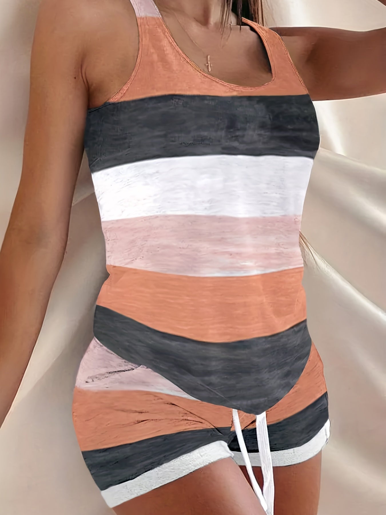 Elastic Comfort: Women's Spring/Summer Striped Two-Piece Set - Casual Sleeveless Tank & Adjustable Shorts, Easy Care & Stylish